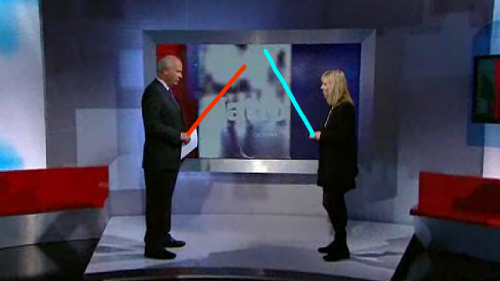 Peter Mansbridge and reporter wielding lightsabres